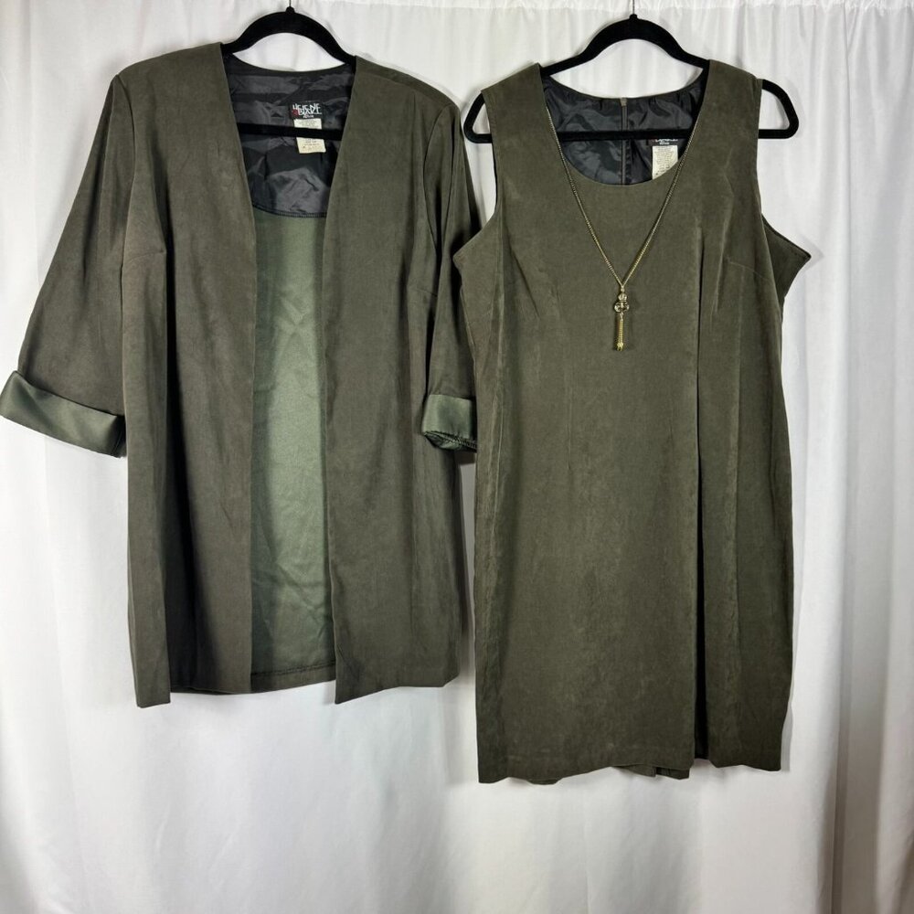 Helene Blake 2 Piece‎ Shift Dress & Long Blazer Set Dark Green Faux Suede 14 P
